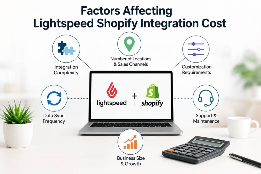 Factors affecting Lightspeed Shopify Integration cost including products, inventory synchronization, store locations, and automation requirements.